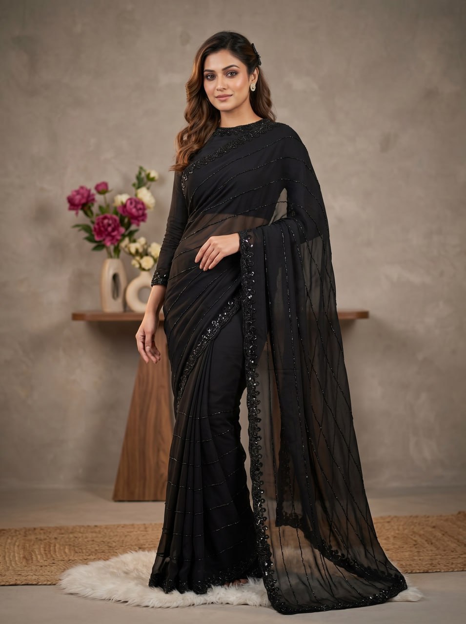 Pure Fox Georgette With Beautiful Original Black Beeds Work Saree
