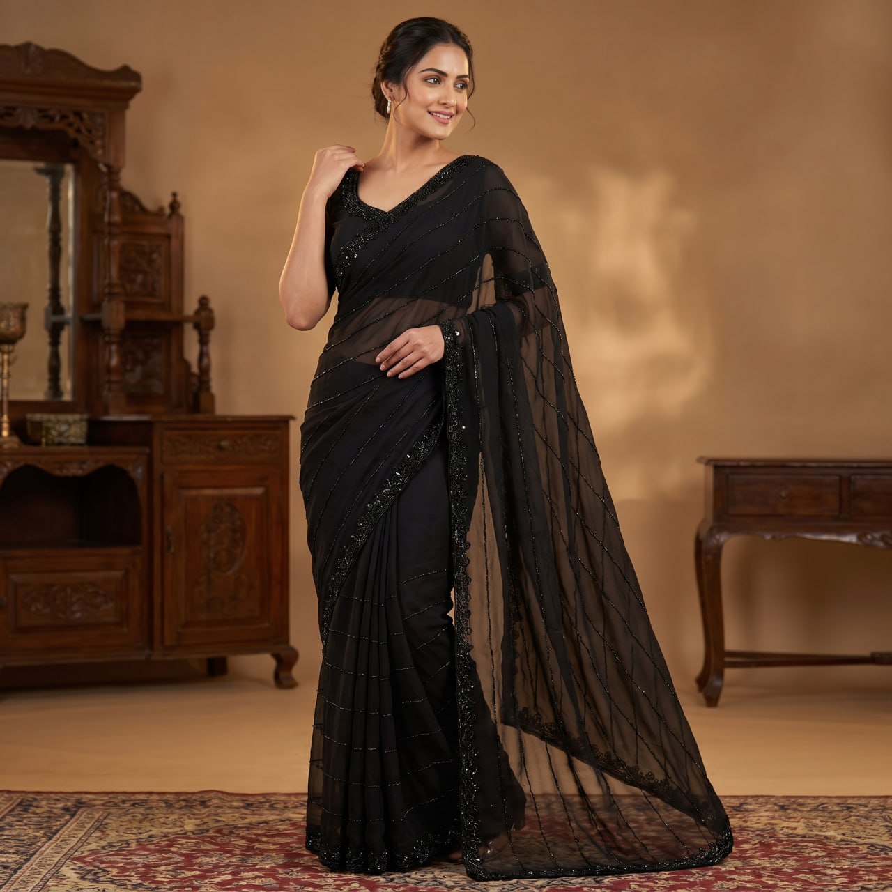 Pure Fox Georgette With Beautiful Original Black Beeds Work Saree