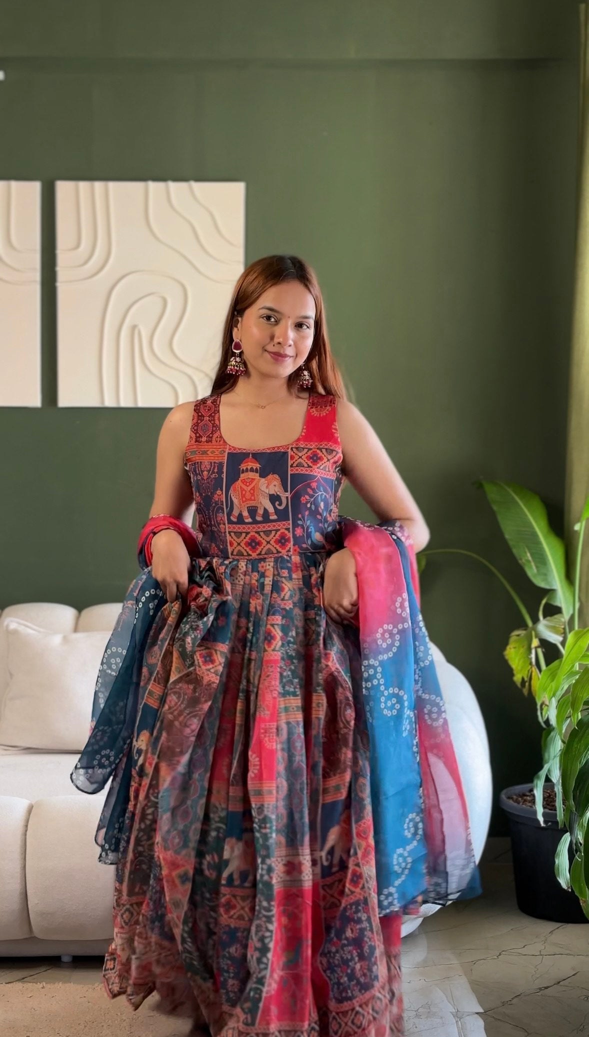 Elegant Patola printed festive gown with graceful flair