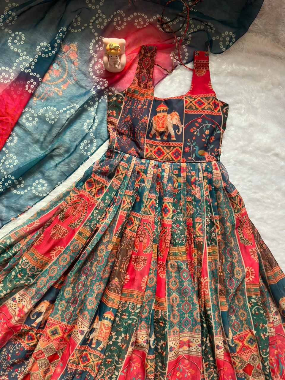 Elegant Patola printed festive gown with graceful flair