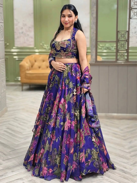 Tabby silk lehenga with floral print & stone work