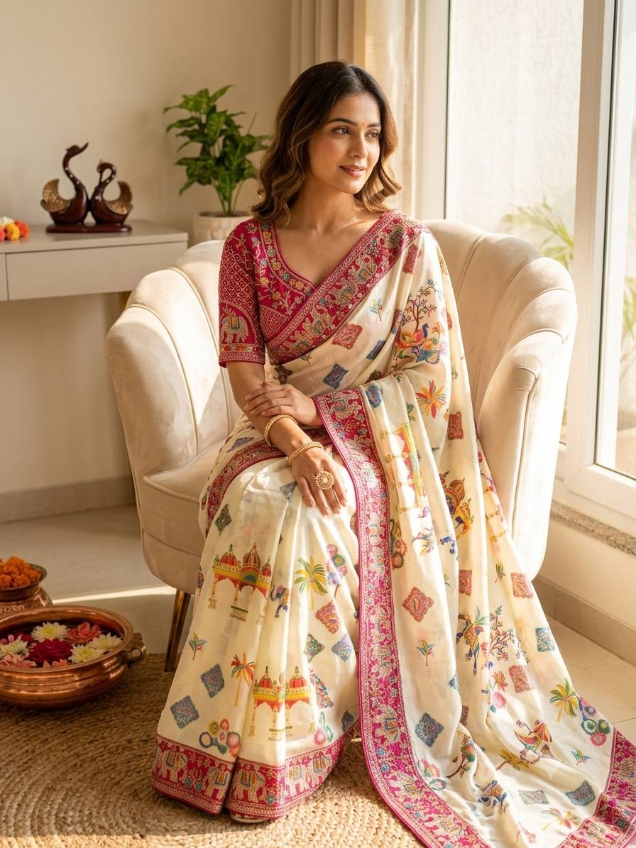 Soft Chinnon Silk with beautiful Print Saree