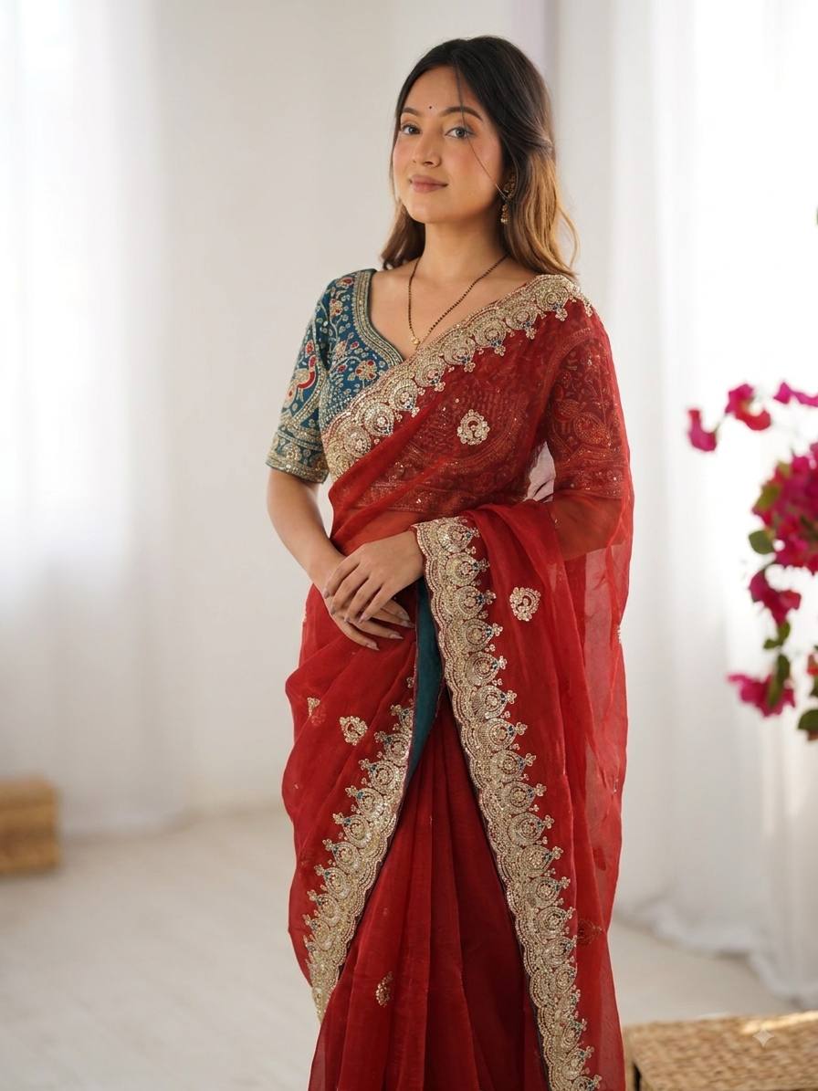 Sequance and Zari Embroidery Work Saree