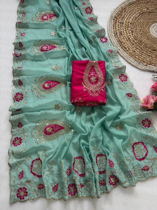 Pure star Georgette fabric with c pallu embroidery work saree