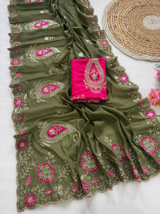 Pure star Georgette fabric with c pallu embroidery work saree