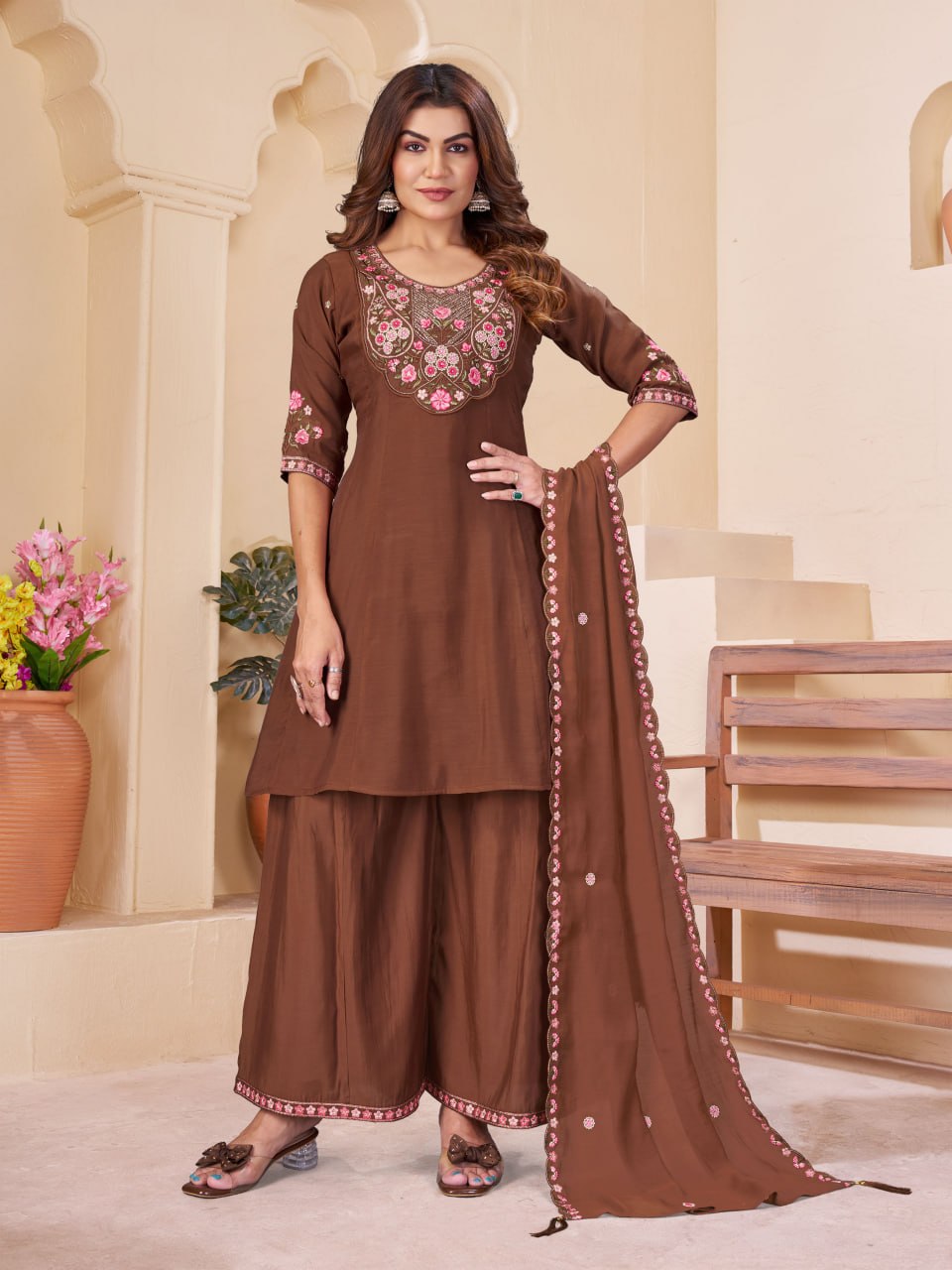 Mal Chanderi Multi Embroidery Thread With Real Hand Work Anarkali Kurti