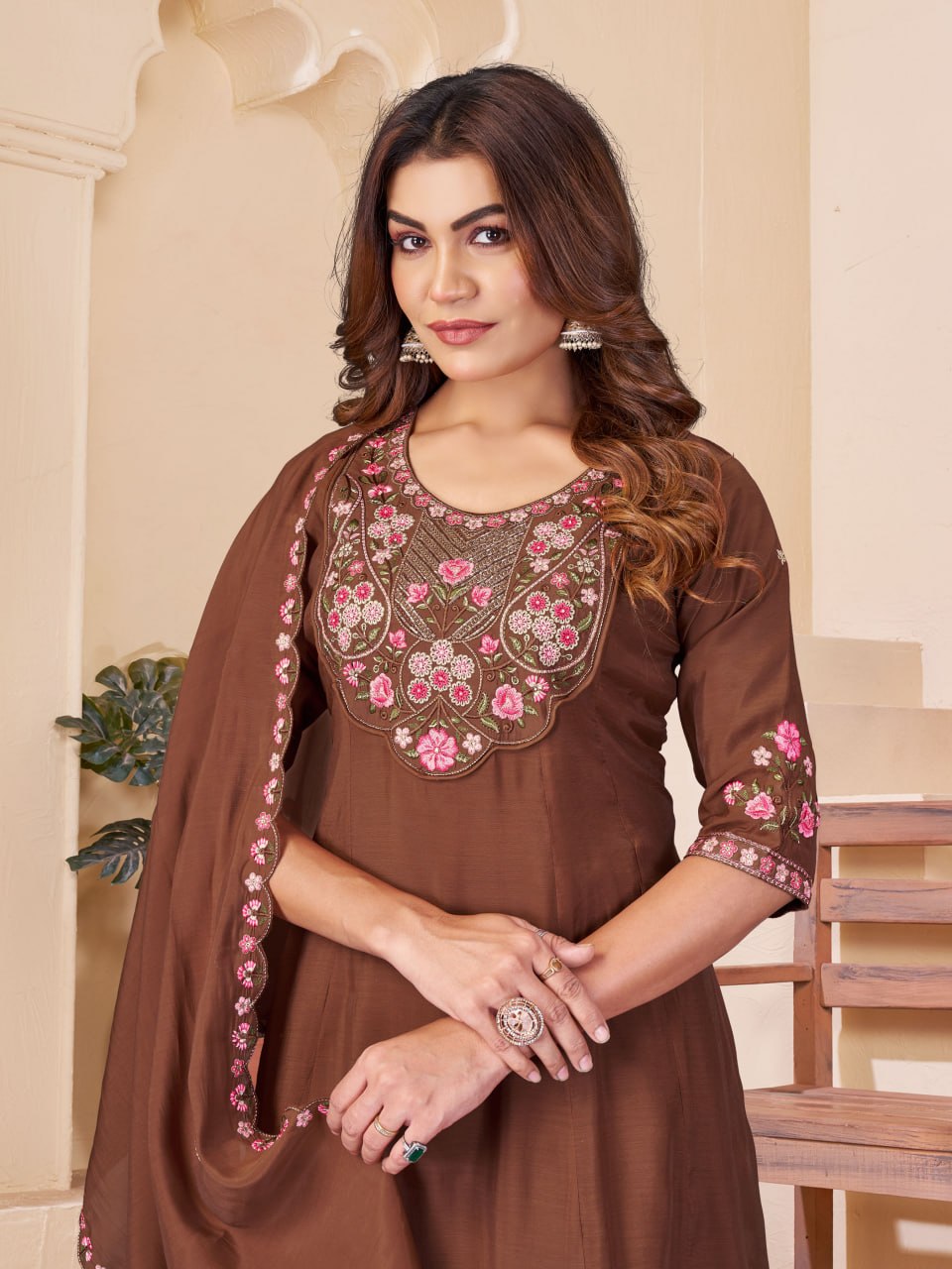 Mal Chanderi Multi Embroidery Thread With Real Hand Work Anarkali Kurti
