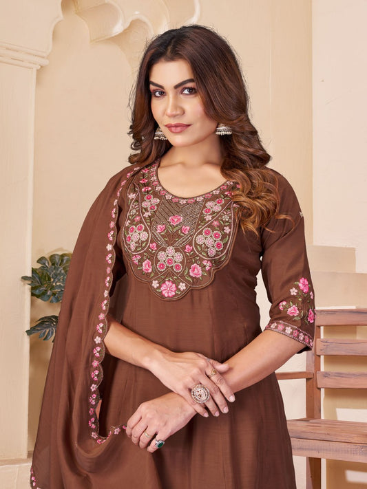 Mal Chanderi Multi Embroidery Thread With Real Hand Work Anarkali Kurti