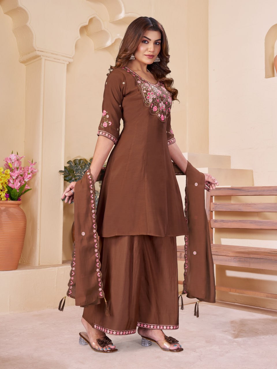 Mal Chanderi Multi Embroidery Thread With Real Hand Work Anarkali Kurti