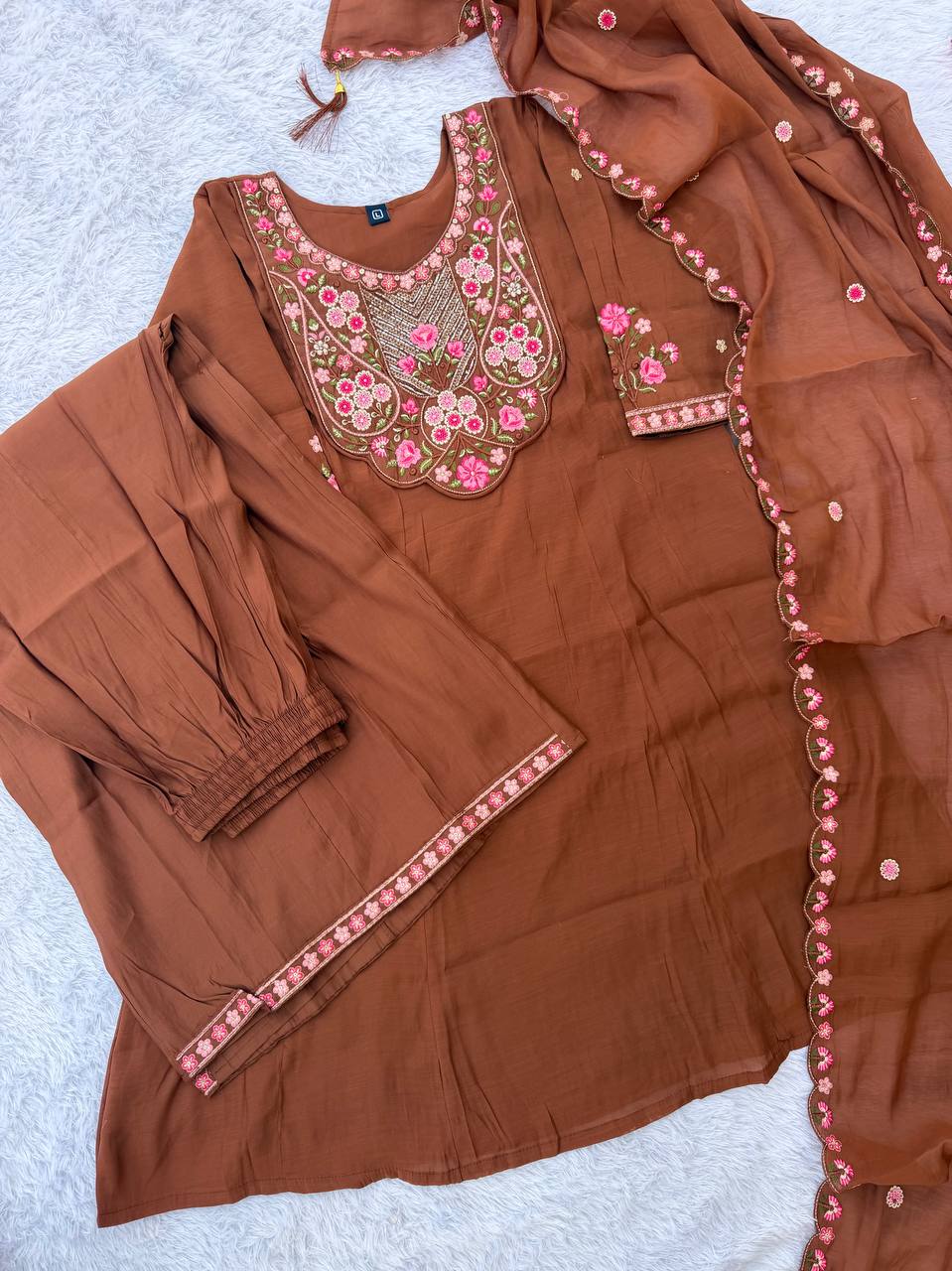 Mal Chanderi Multi Embroidery Thread With Real Hand Work Anarkali Kurti