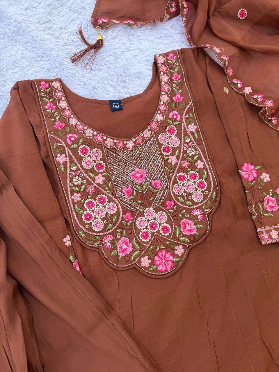 Mal Chanderi Multi Embroidery Thread With Real Hand Work Anarkali Kurti