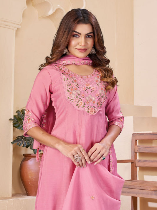 Mal Chanderi Multi Embroidery Thread With Real Hand Work Anarkali Kurti