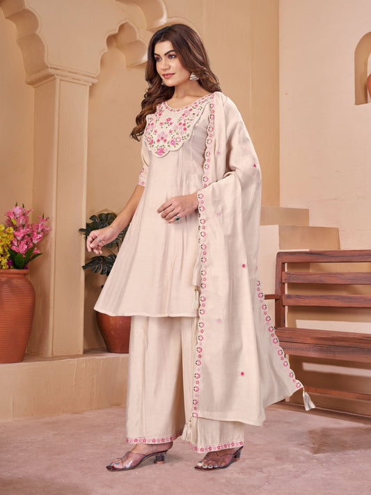Mal Chanderi Multi Embroidery Thread With Real Hand Work Anarkali Kurti