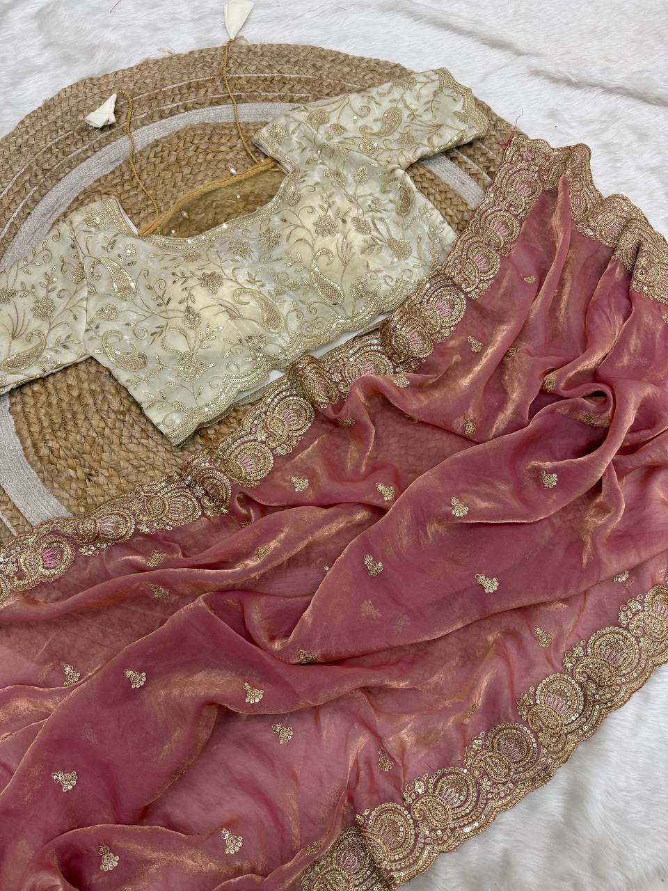Soft space silk Satin Saree with heavy embroidery choli