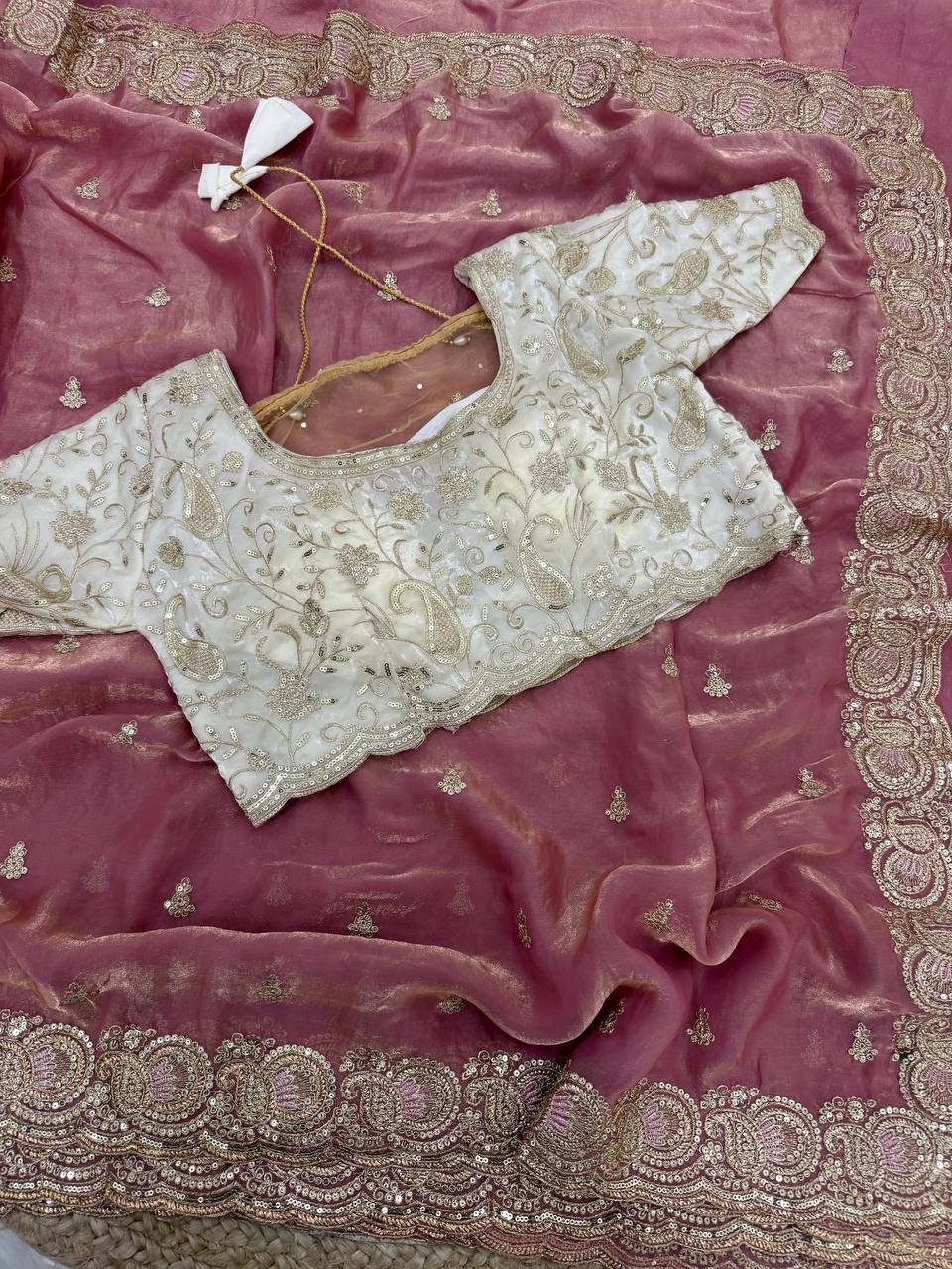Soft space silk Satin Saree with heavy embroidery choli