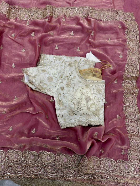 Soft space silk Satin Saree with heavy embroidery choli