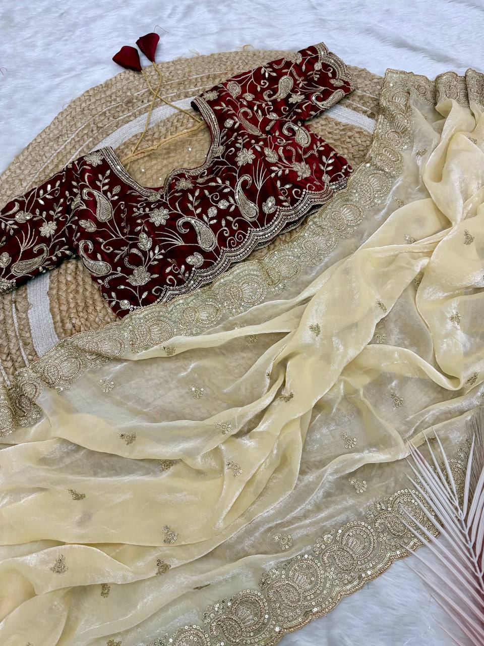 Soft space silk Satin Saree with heavy embroidery choli