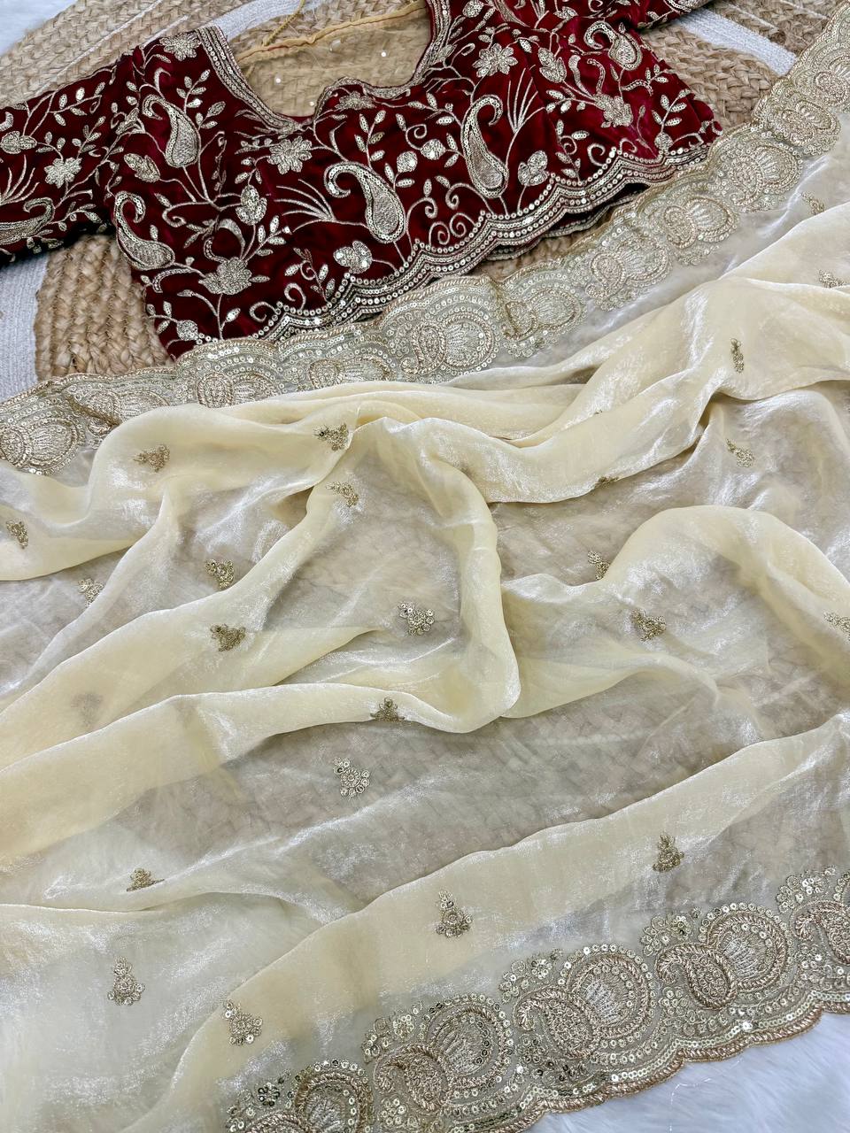 Soft space silk Satin Saree with heavy embroidery choli