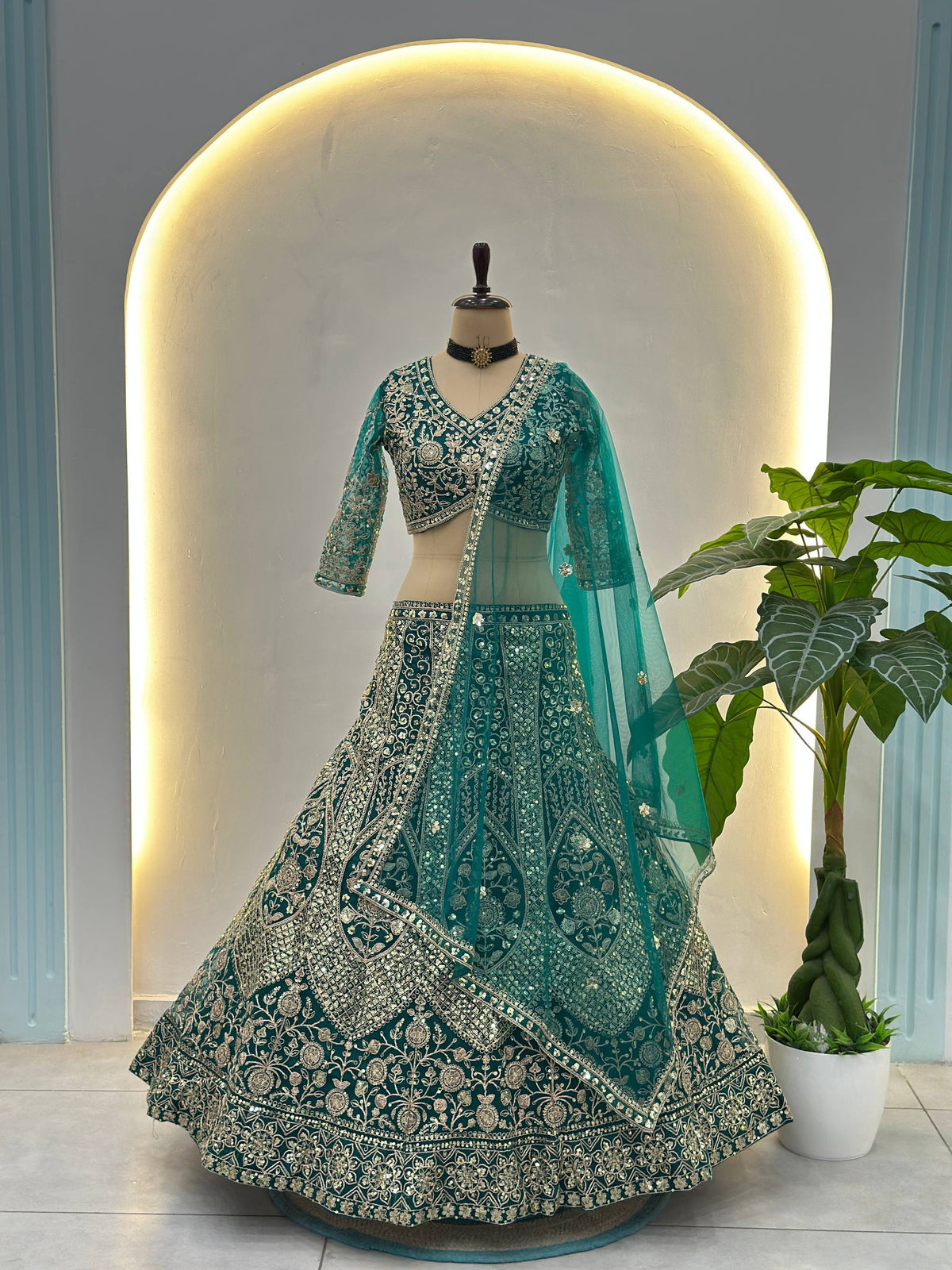 Butterfly Net Sequins and Codding Embroidery Work Lehenga