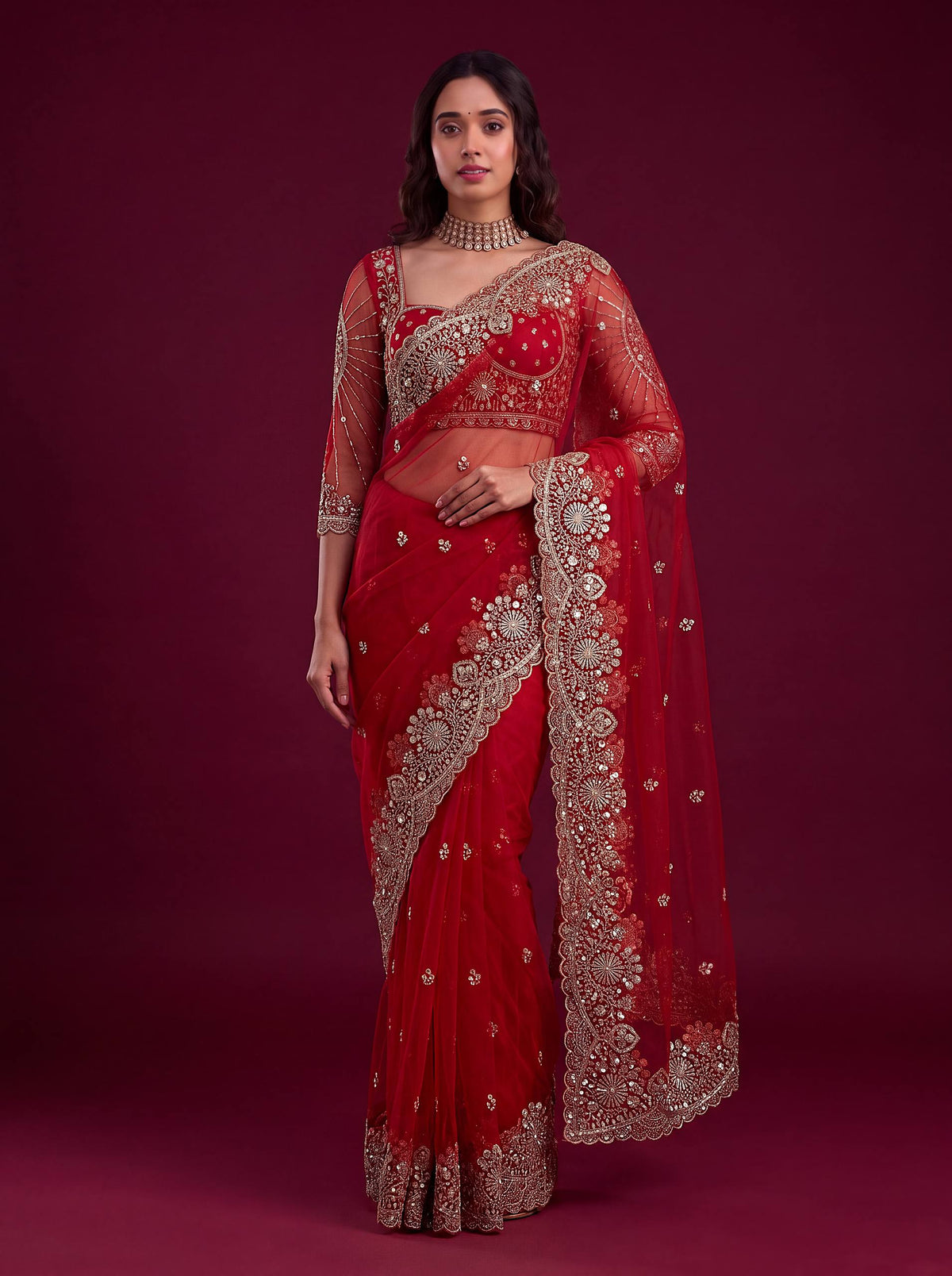 Net sequence Embroidery Work Saree