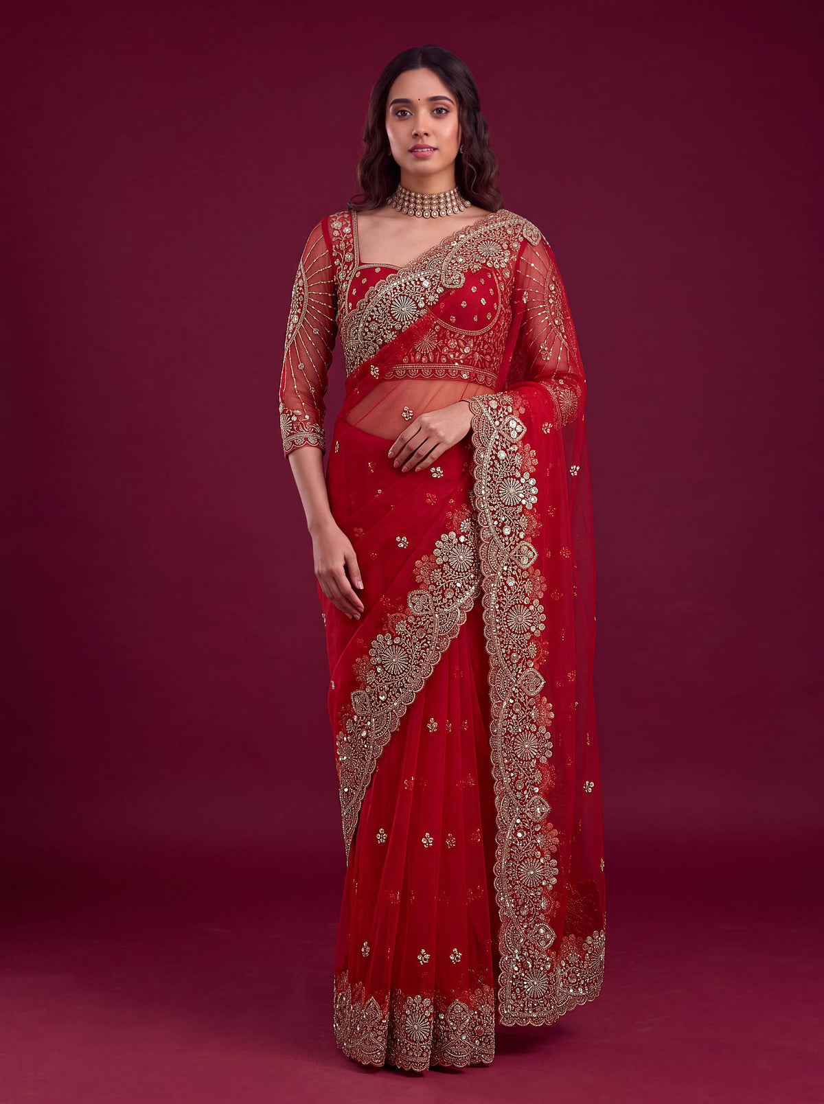 Net sequence Embroidery Work Saree
