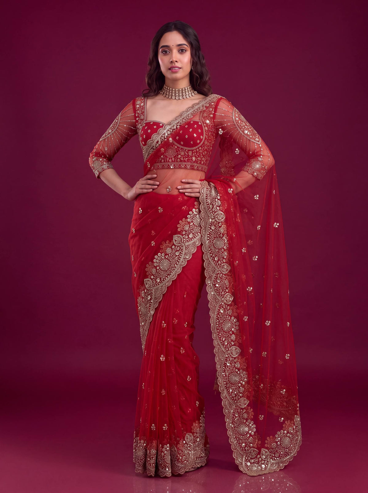 Net sequence Embroidery Work Saree