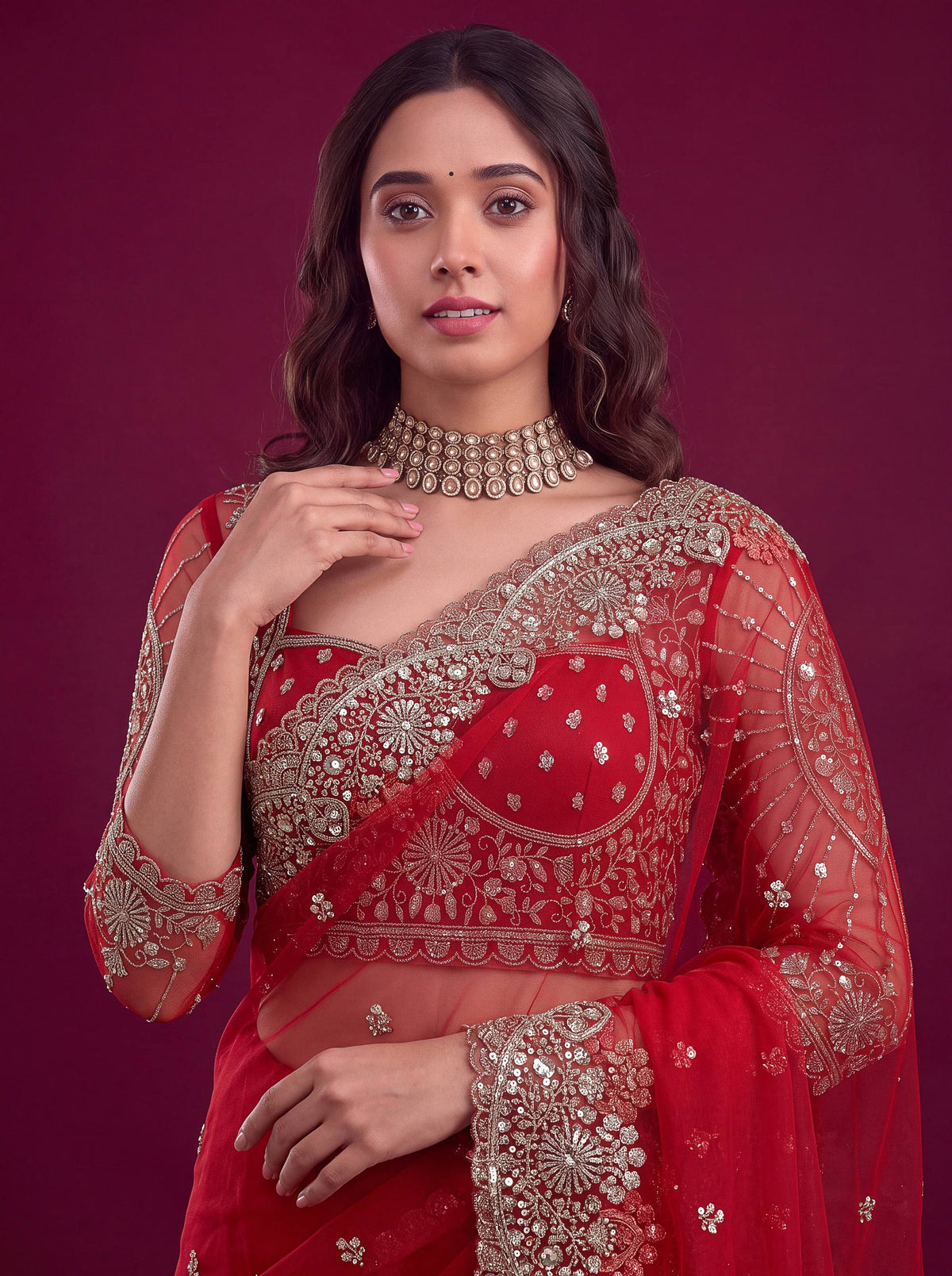 Net sequence Embroidery Work Saree