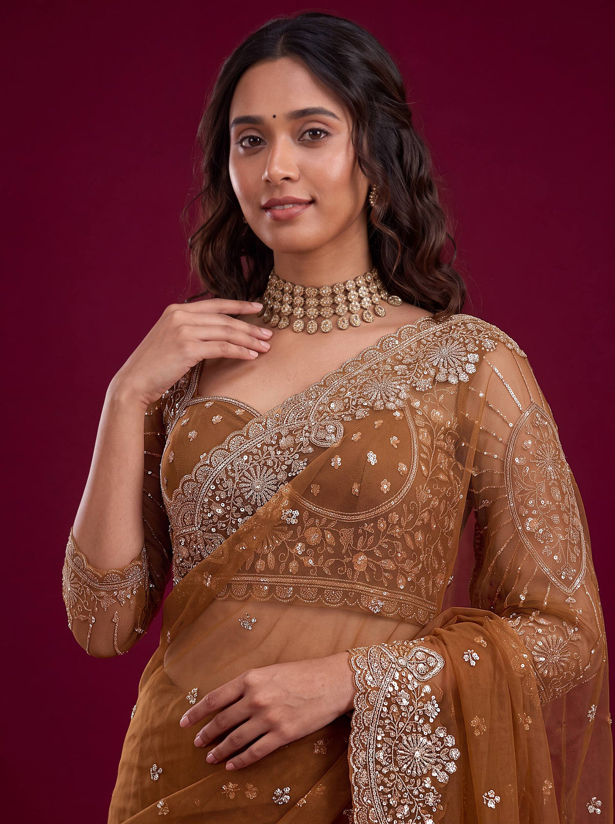 Net sequence Embroidery Work Saree