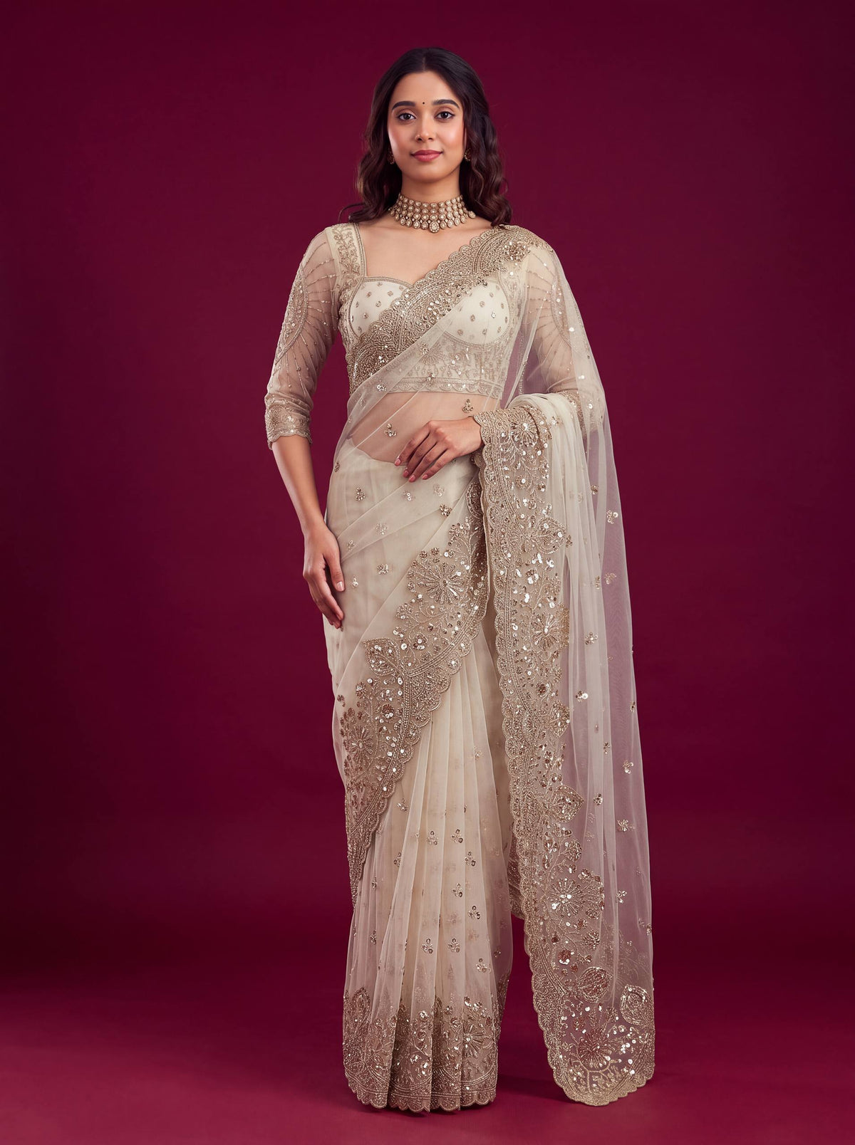 Net sequence Embroidery Work Saree