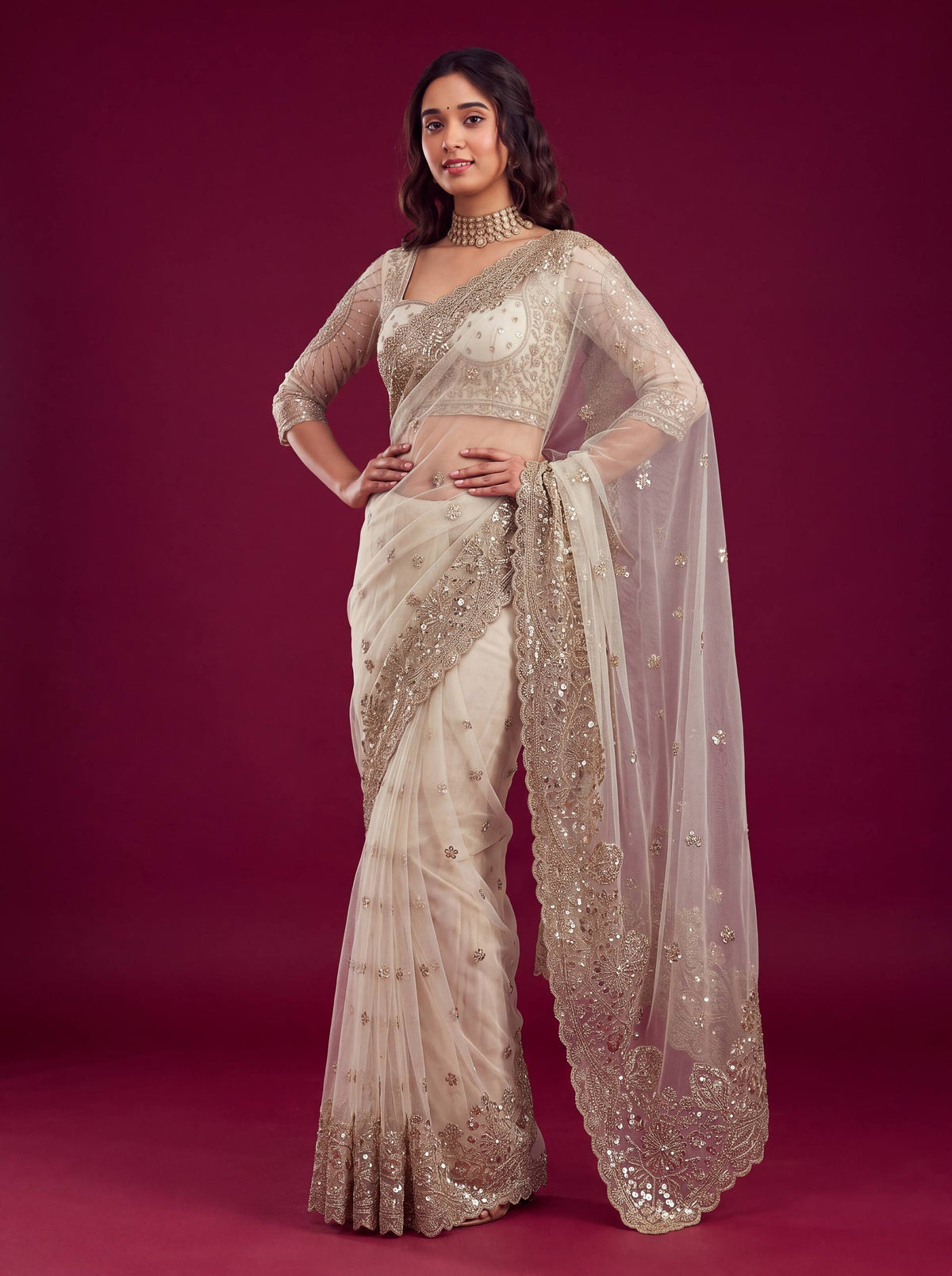Net sequence Embroidery Work Saree