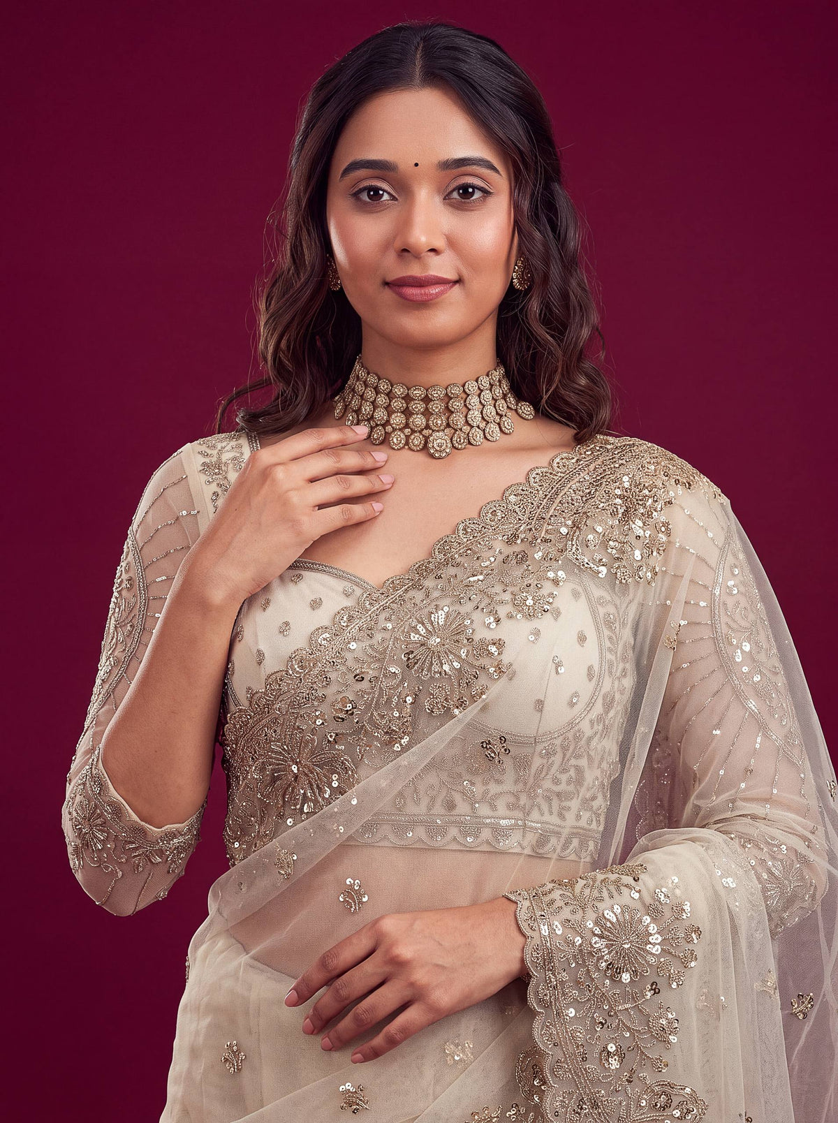 Net sequence Embroidery Work Saree