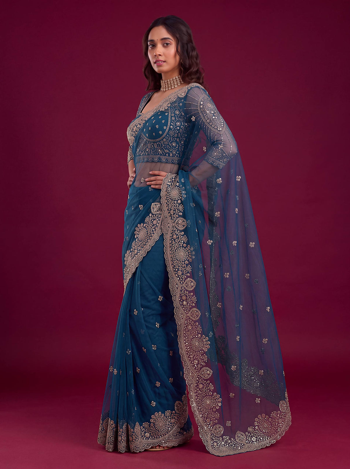 Net sequence Embroidery Work Saree