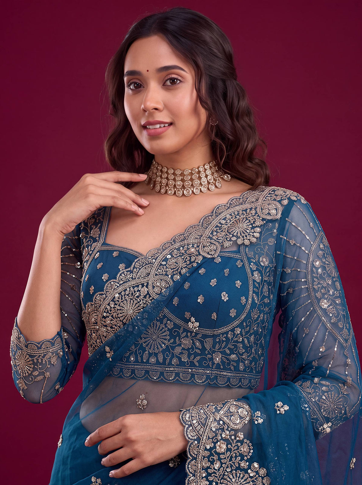 Net sequence Embroidery Work Saree