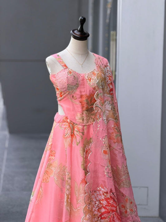 Pure Organza digital printed lehnga 8mtr flair lehnga