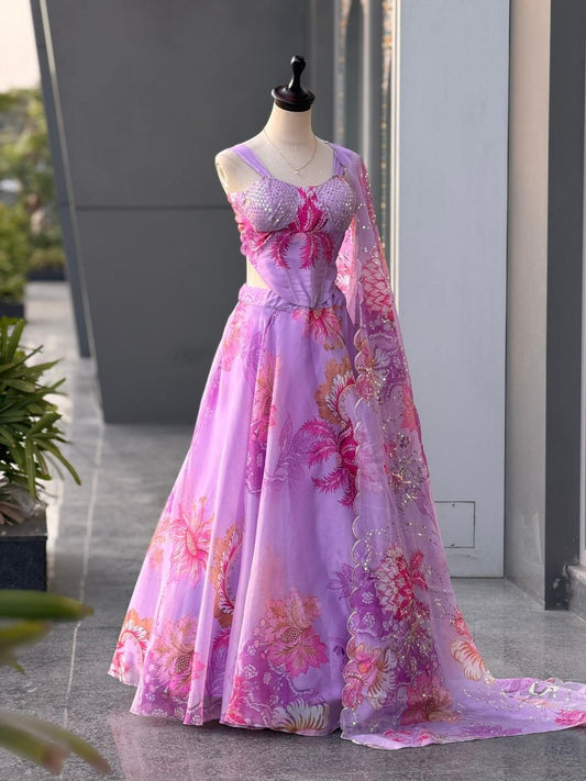Pure Organza digital printed lehnga 8mtr flair lehnga