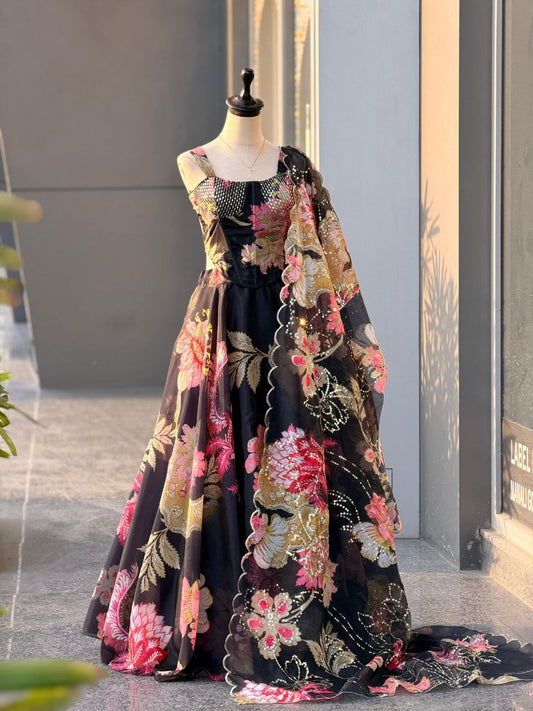 Pure Organza digital printed lehnga 8mtr flair lehnga
