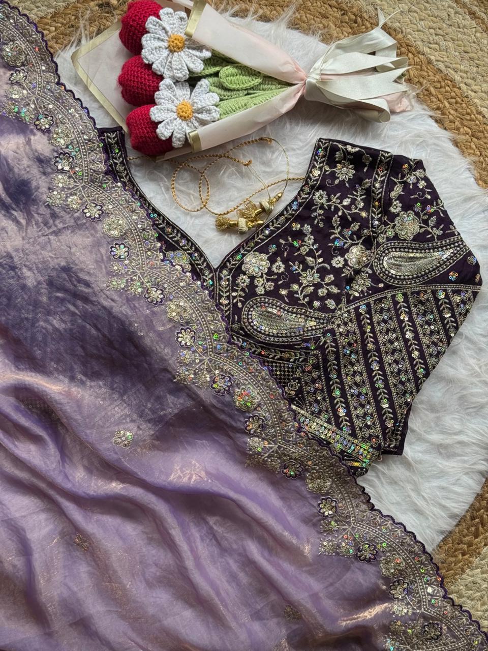 Soft Space Silk Saree With Heavy Embroidery Of Sequins Multi Thread