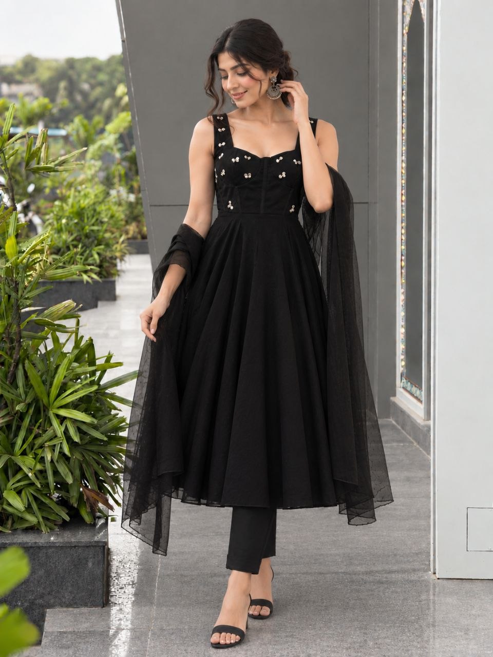 Faux Georgette fabric corset pattern Anarkali with Pretty Daimond detailing