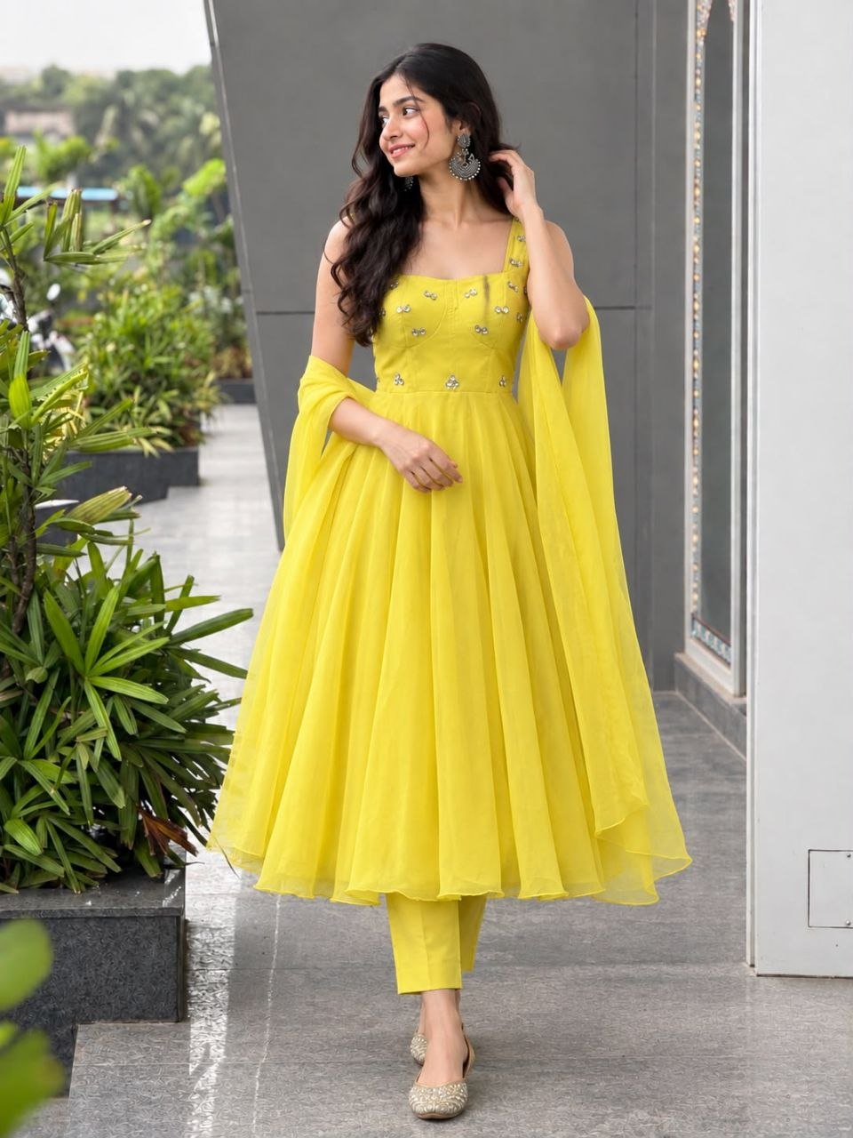 Faux Georgette fabric corset pattern Anarkali with Pretty Daimond detailing