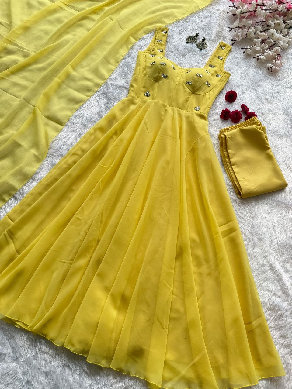 Faux Georgette fabric corset pattern Anarkali with Pretty Daimond detailing