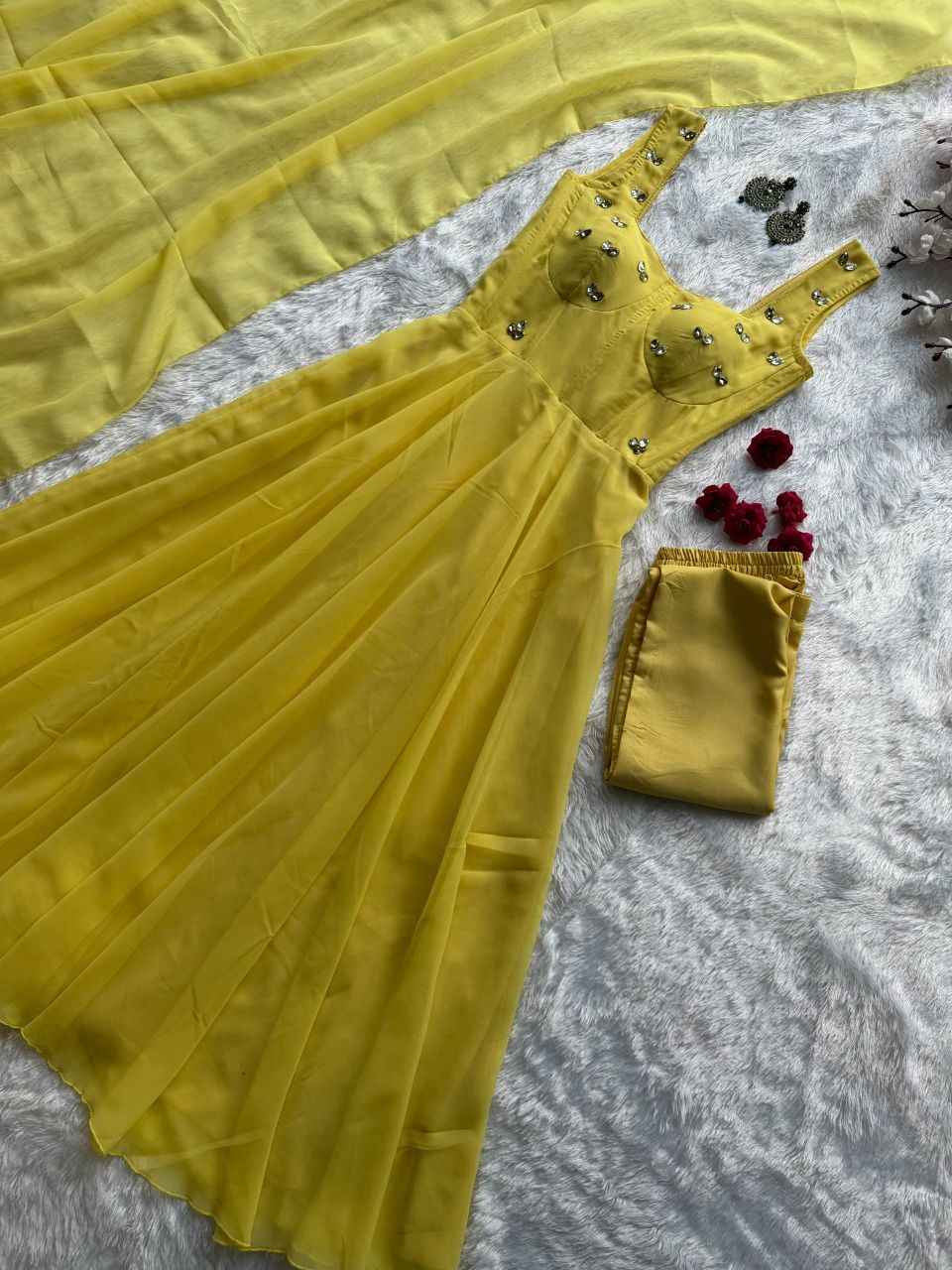 Faux Georgette fabric corset pattern Anarkali with Pretty Daimond detailing