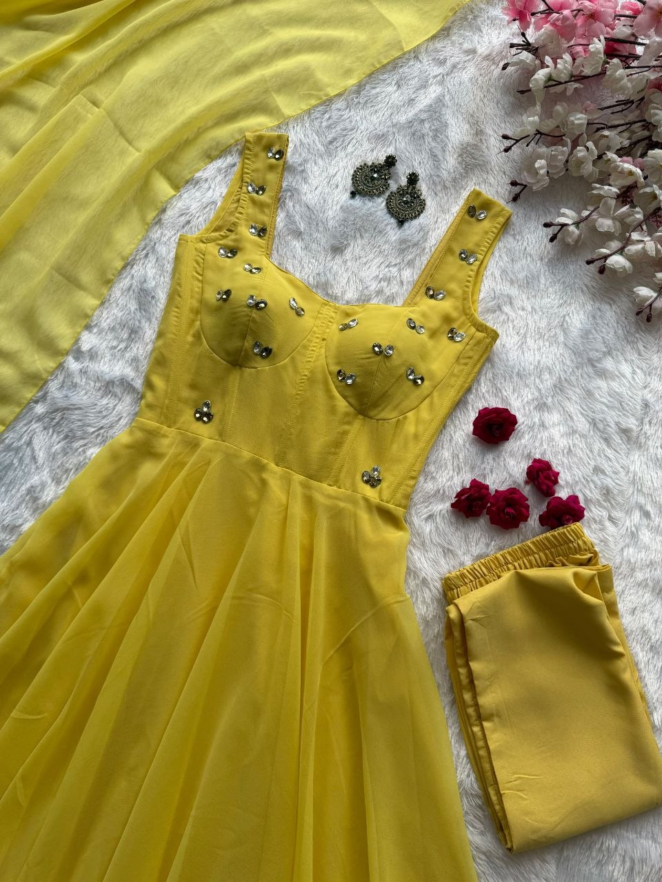 Faux Georgette fabric corset pattern Anarkali with Pretty Daimond detailing