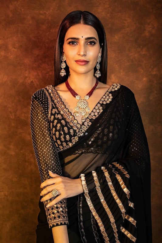 NEW BOLLYWOOD KARISHMA TANNA SUPERHIT DESIGN LAUNCHING SEQUINS CRUSH PLEATED SAREE