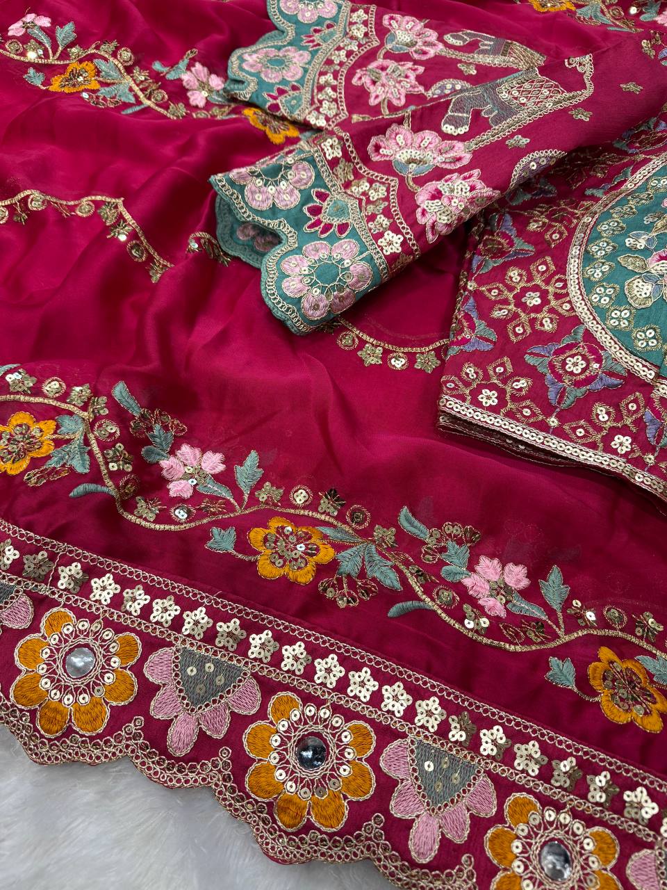 Soft Rangoli Silk Fabric Sequance and dori Embroidery Saree
