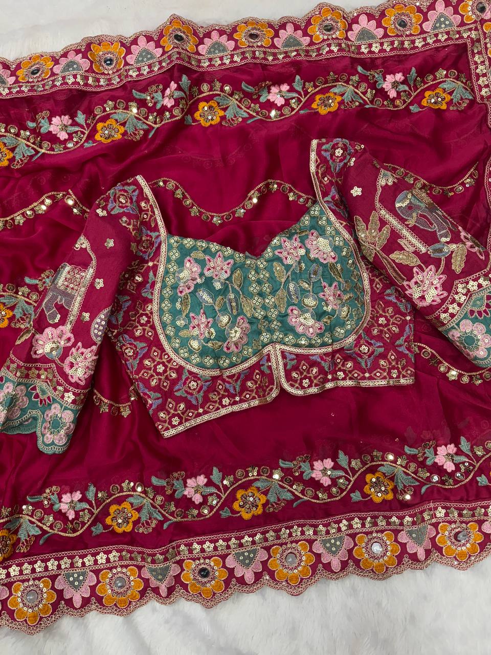 Soft Rangoli Silk Fabric Sequance and dori Embroidery Saree