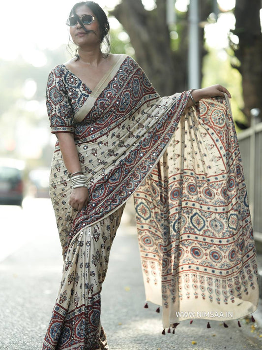Heavy Japan Satin Beautiful Ajarakh print Saree