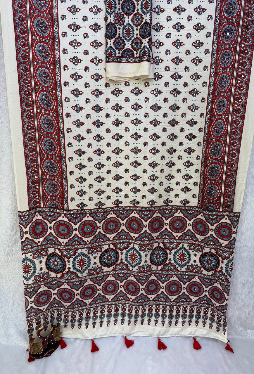 Heavy Japan Satin Beautiful Ajarakh print Saree