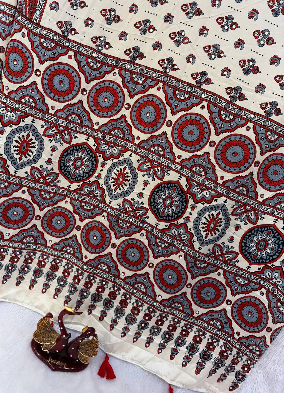 Heavy Japan Satin Beautiful Ajarakh print Saree