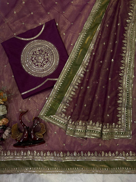 Soft NC Twill Sequance and cording Embroidery Work Saree