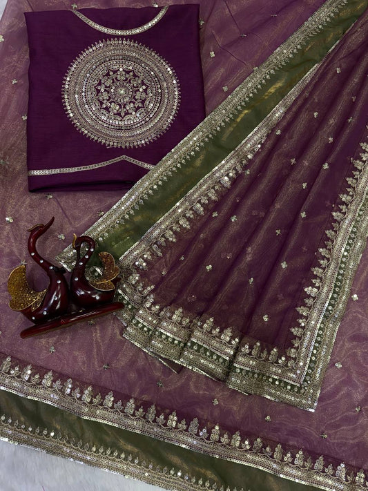 Soft NC Twill Sequance and cording Embroidery Work Saree